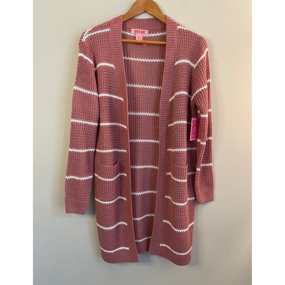Coco & Shay Open Front Pink And White Knit Cardigan M